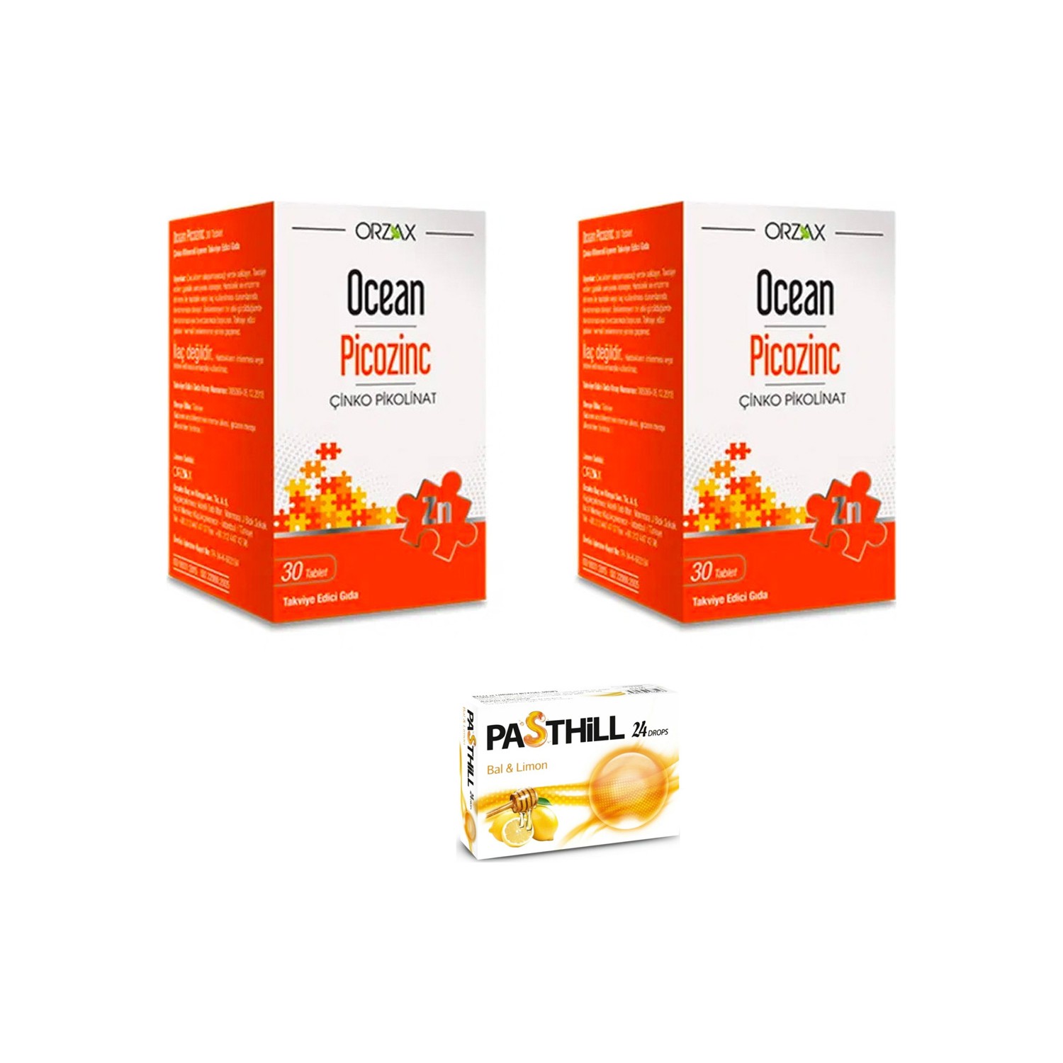 Пищевая добавка Orzax Ocean Picozinc Cinko Picolinate, 2 упаковки по 30 таблеток + Пастилки Pasthill со вкусом меда и лимона