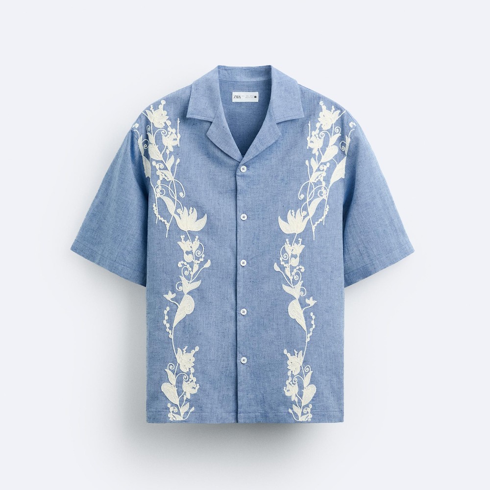 Рубашка Zara Floral Embroidery, синий рубашка zara floral jacquard синий