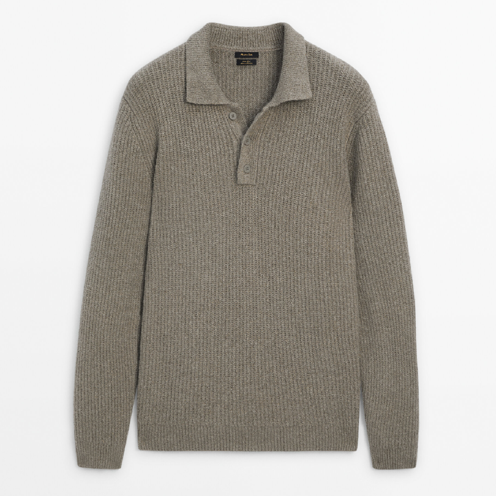 Свитер Massimo Dutti Chunky Knit Cotton Blend Polo, серо-бежевый