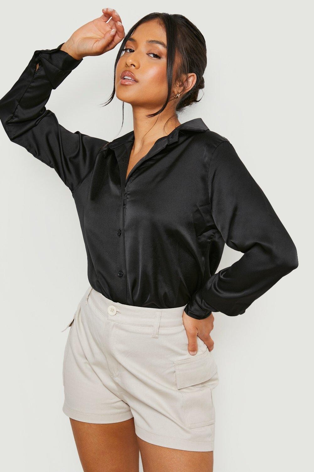 

Рубашка оверсайз из атласа petite Boohoo, черный