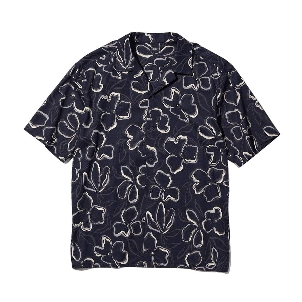 

Рубашка Uniqlo Cotton Blend Print Open Collar Cuban, темно-синий