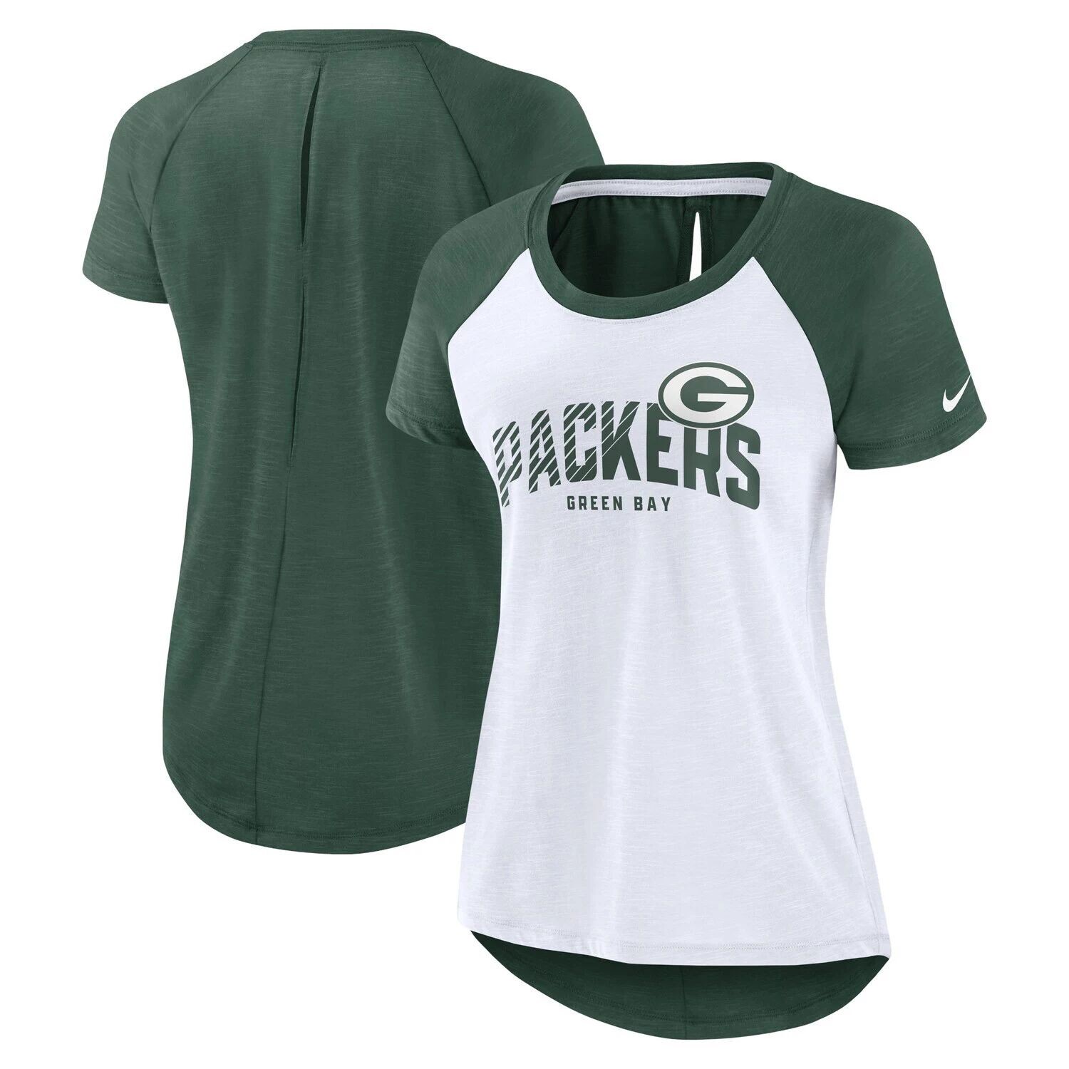 

Женская футболка реглан Nike White/Heather Green Green Bay Packers с вырезом на спине Nike