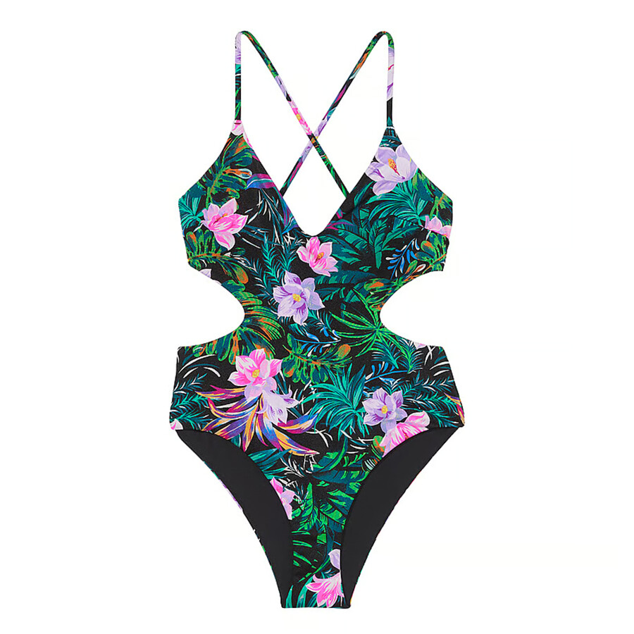 

Купальник Victoria's Secret Swim Cut-Out Cheeky One-Piece Fishnet, черный тропический