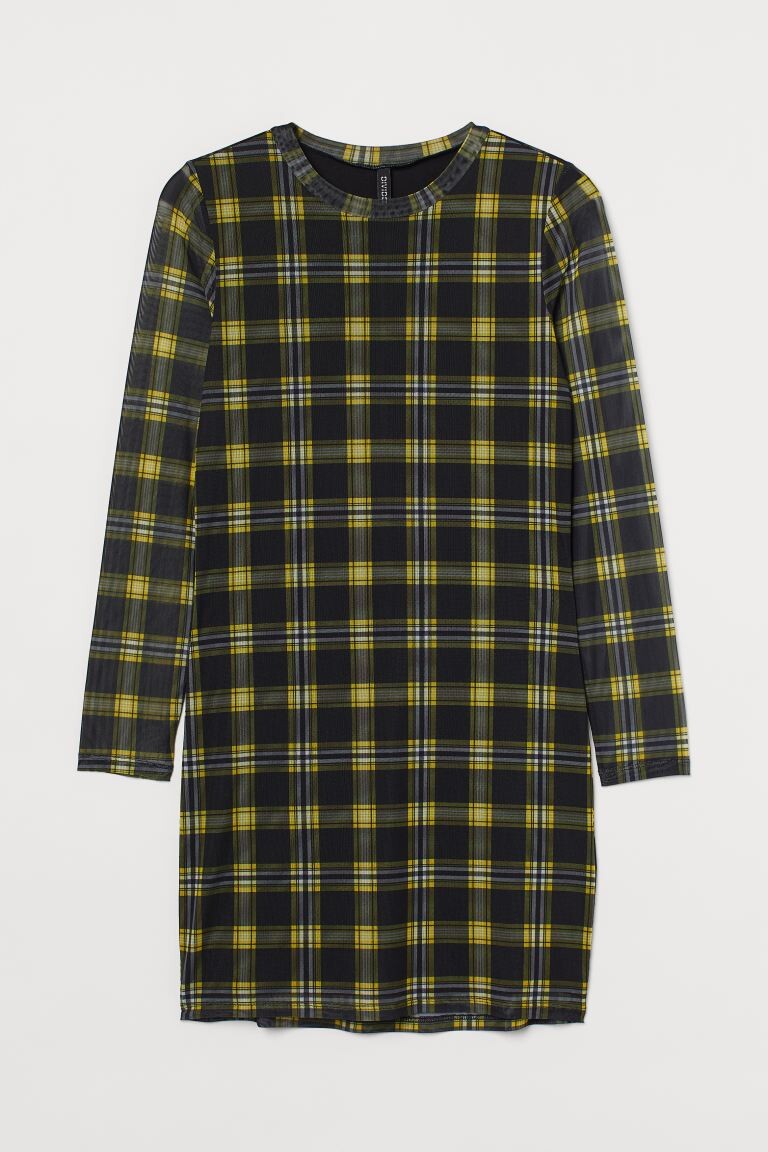 

H&M+ Платье с длинными рукавами, черный/желтый в клетку