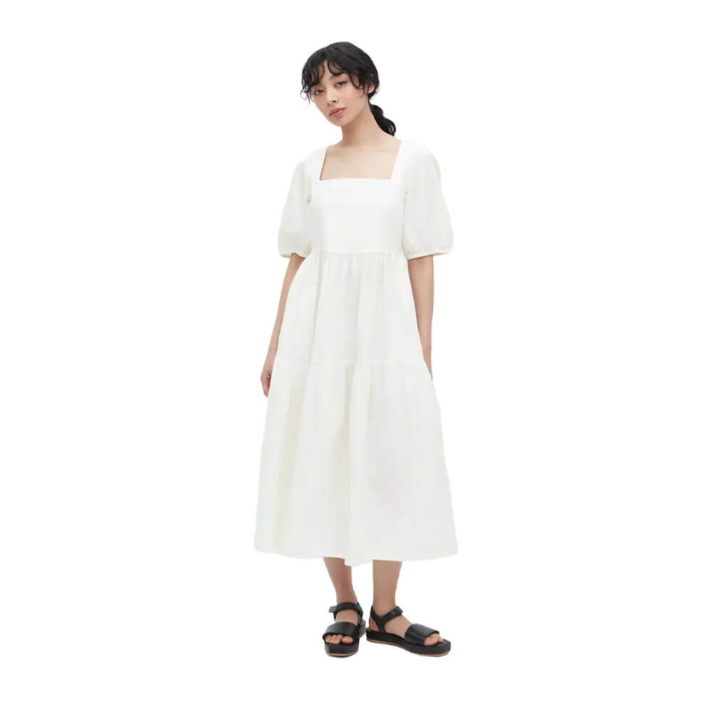 цена Платье Uniqlo Linen Blend Shirring Volume Sleeved, белый