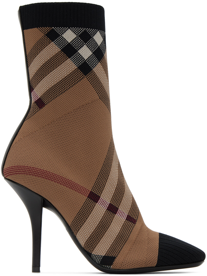 

Ботинки-носки в клетку светло-коричневого цвета Burberry, Коричневый