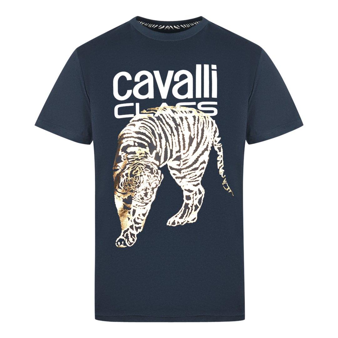 цена Темно-синяя футболка с большим золотым логотипом Tiger Stencil Cavalli Class, синий