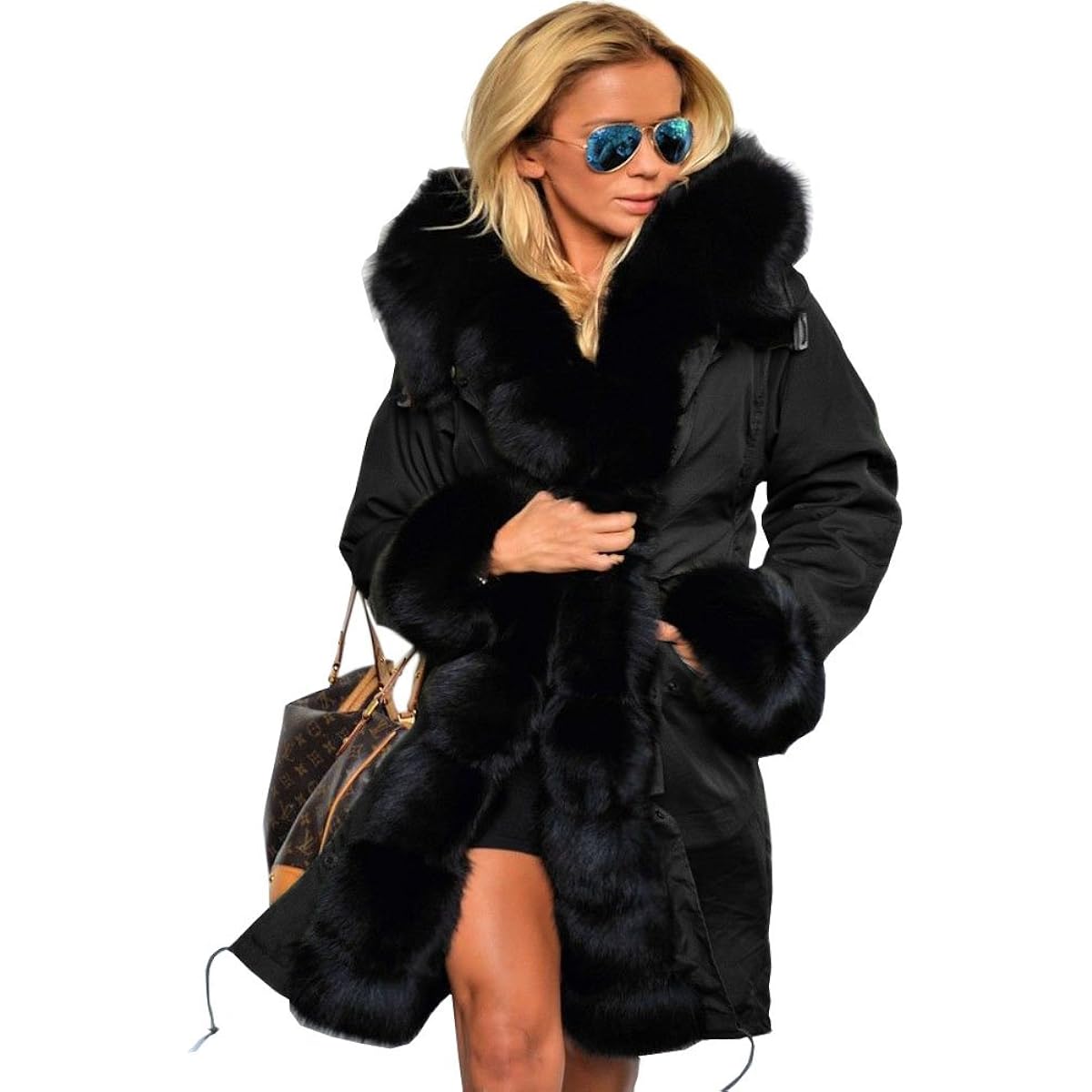 мужская теплая куртка с флисовой подкладкой ветрозащитная повседневная парка с меховым воротником и капюшоном для осени и зимы 2022 Парка Aofur Long Warm Winter Faux Fur Collar Qulited Women's, черный