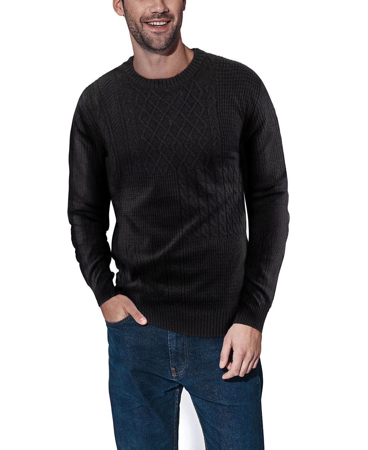 Мужской свитер с круглым вырезом смешанной текстуры X-Ray, черный пуловер с круглым вырезом xxl зеленый