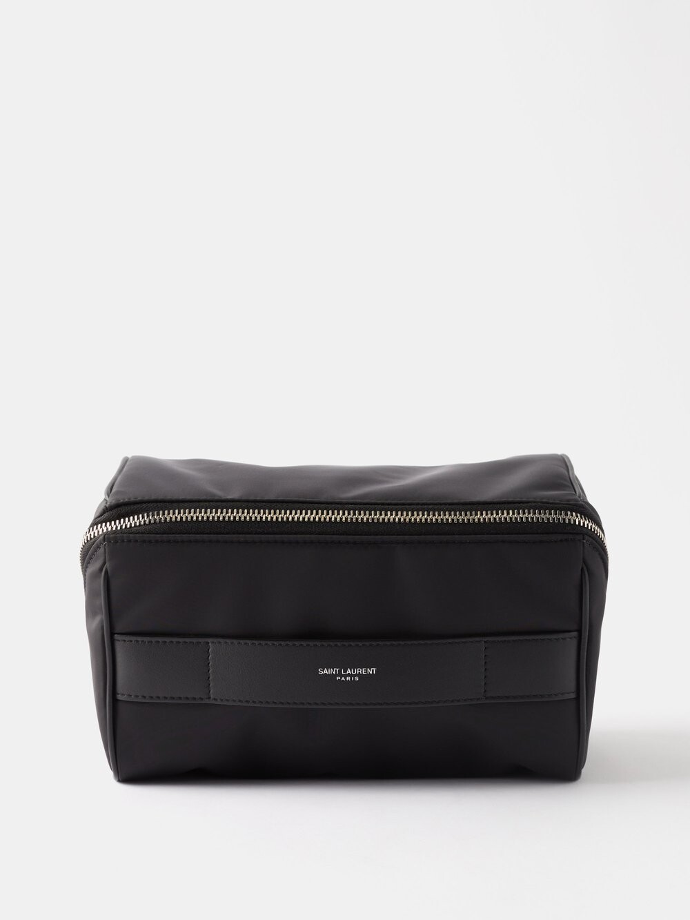 

Сумка-мыльник с кожаной ручкой и тиснением логотипа Saint Laurent, черный