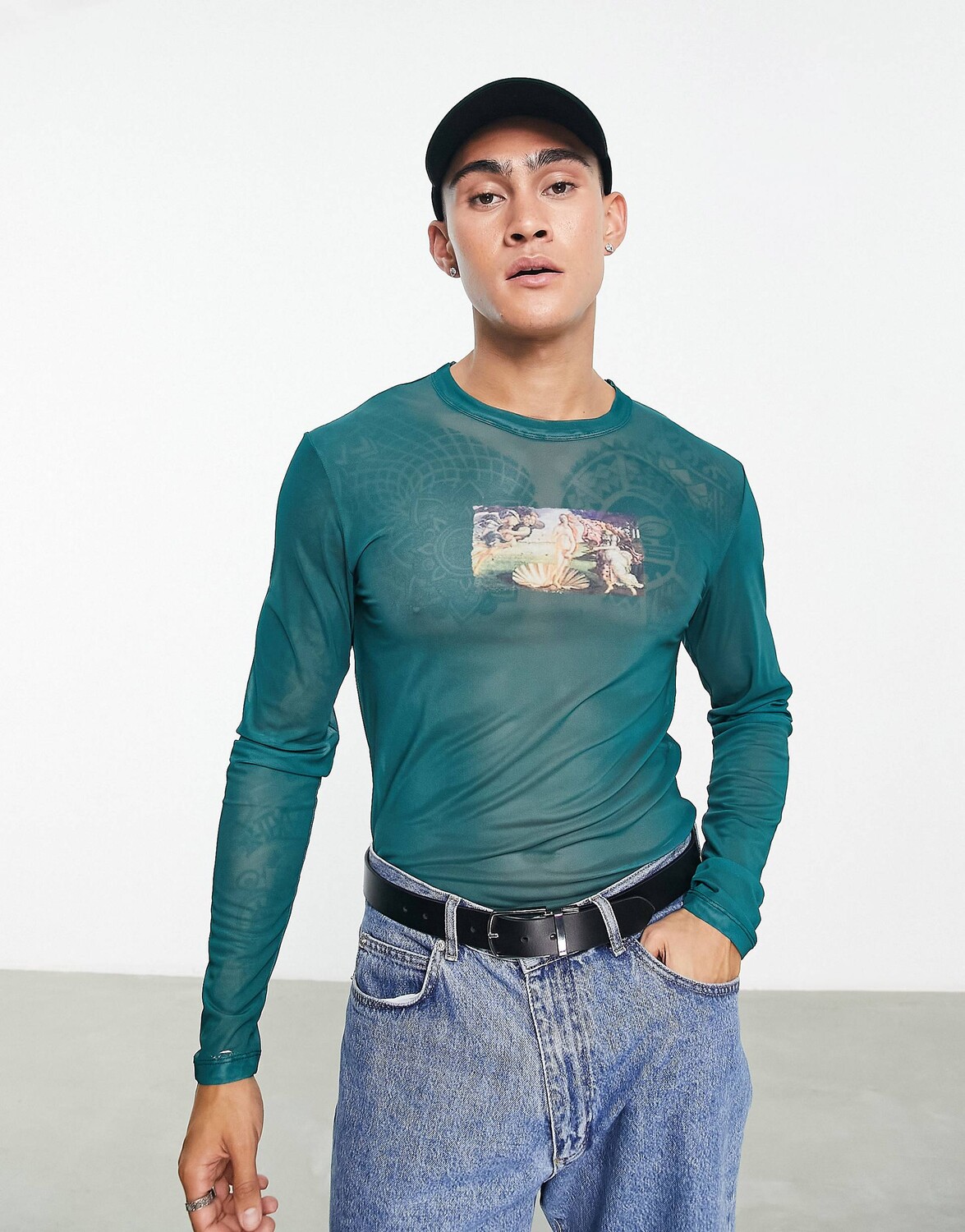 

Зеленая сетчатая футболка с длинными рукавами и принтом спереди ASOS DESIGN, Зеленый