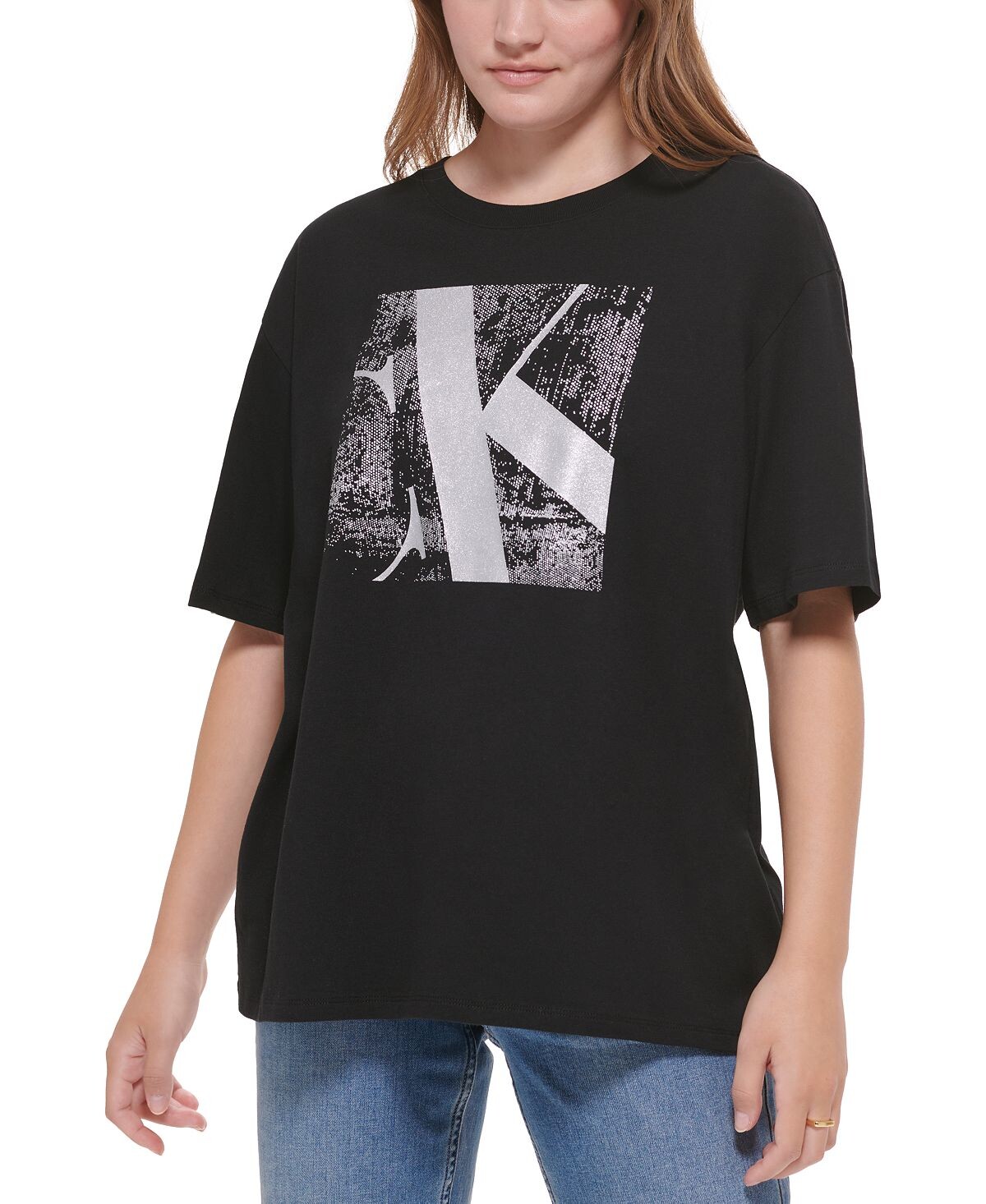 

Женская блестящая футболка с круглым вырезом и логотипом Calvin Klein Jeans, мульти