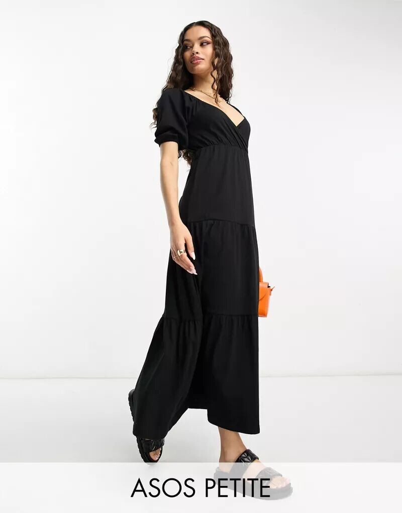 

Черное ярусное платье миди с запахом и короткими рукавами ASOS DESIGN Petite