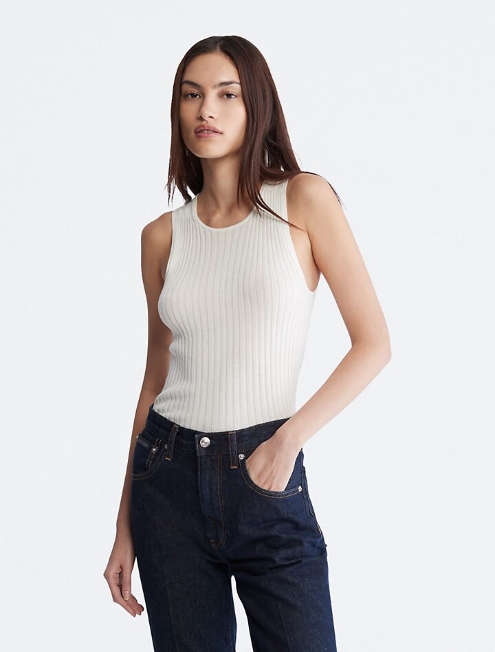 

Гладкая хлопковая майка в рубчик Calvin Klein, слоновая кость, Бежевый