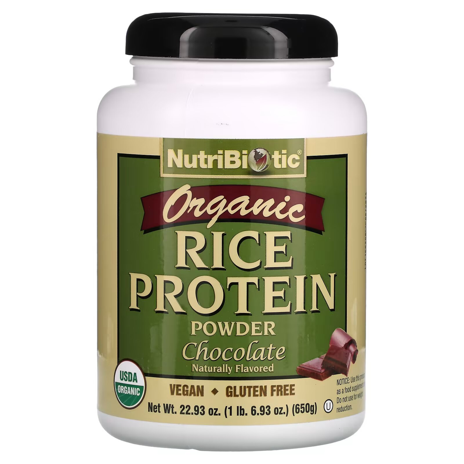 NutriBiotic, Органический необработанный рисовый белок, шоколад, 650 г (6,9 унц.) - фото