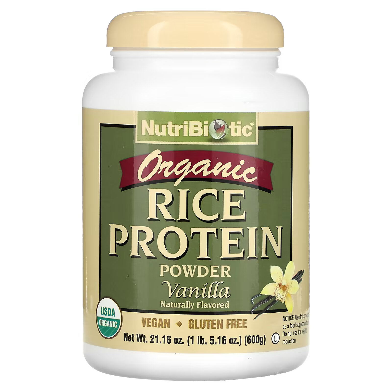 NutriBiotic, Сырой натуральный рисовый белок с ванилью, 600 г (1,3 фунта) nutribiotic сырой органический рисовый протеин без добавок 1 36 кг 3 фунта