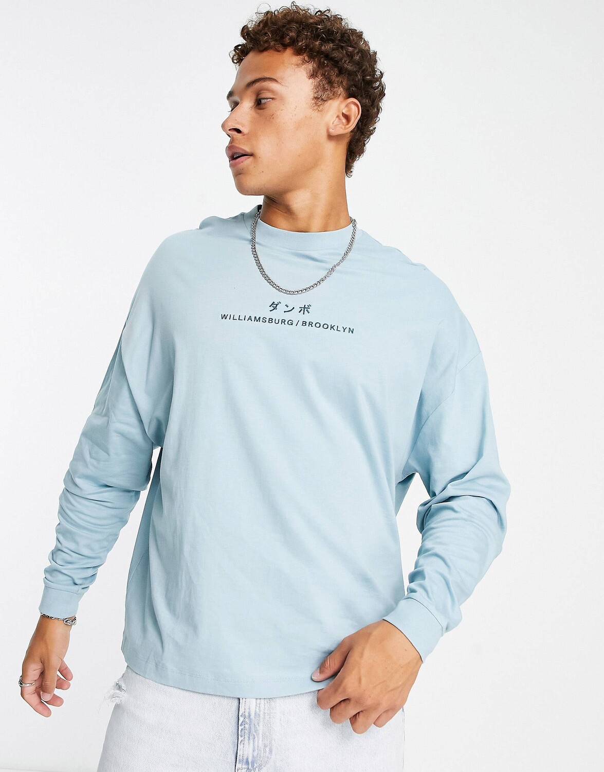 

Синяя футболка оверсайз с длинным рукавом с вышивкой ASOS DESIGN