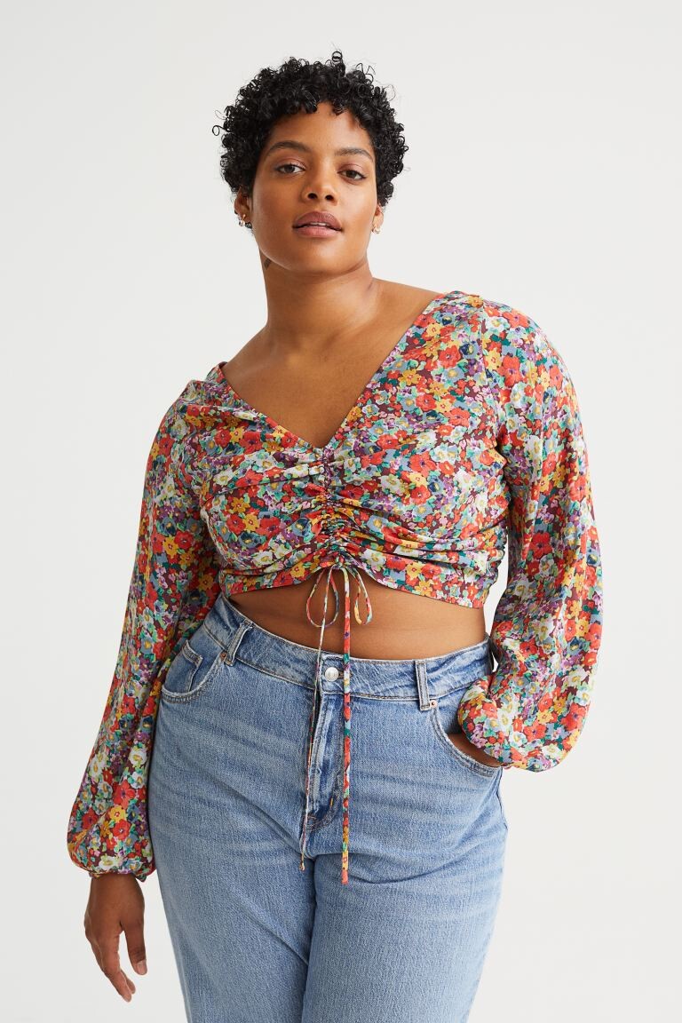 

H&M+ Блуза из крепа с кулиской, красный/цветы