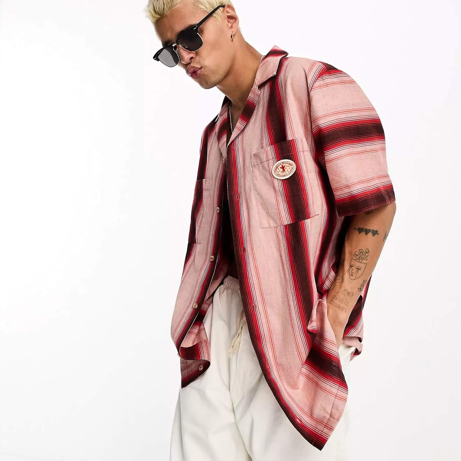 

Рубашка с коротким рукавом Damson Madder Patched Stripe Linen, красный/розовый