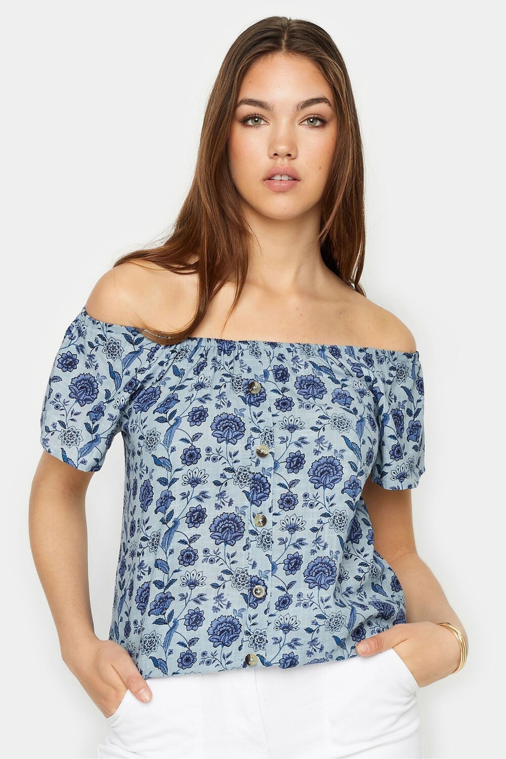 

Топ с открытыми плечами и пуговицами с цветочным принтом Long Tall Sally, синий, Серый, Топ с открытыми плечами и пуговицами с цветочным принтом Long Tall Sally, синий