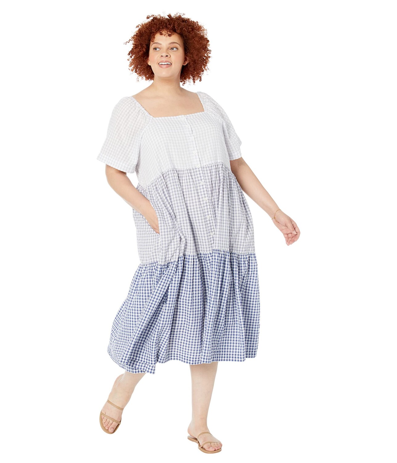 

Платье Madewell, Plus Patchwork Gingham Button-Front Tiered Midi Dress