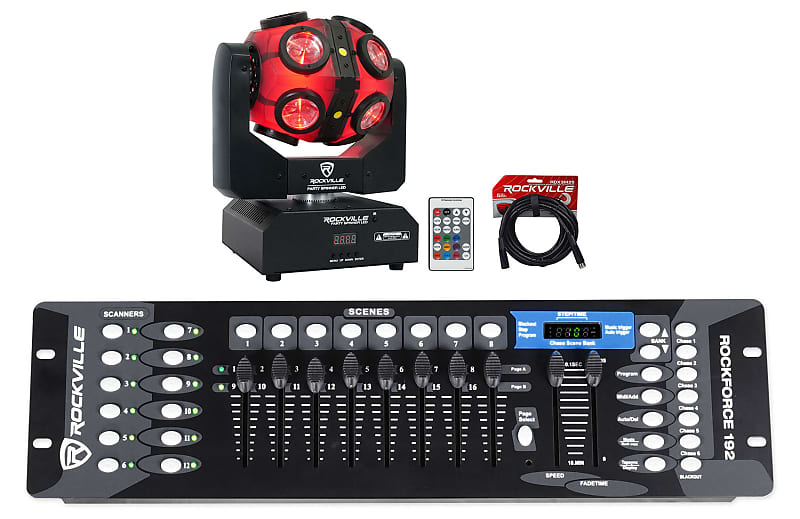 Rockville Party Spinner LED RGBW Moving Head Stage/DJ Light+DMX Controller+Cable PARTY SPINNER LED+ROCKFORCE 192+RDX3M25 led moving head gobo 60w mini music sound light stage christmas party lumiere laser show disco dj dmx stage lighting