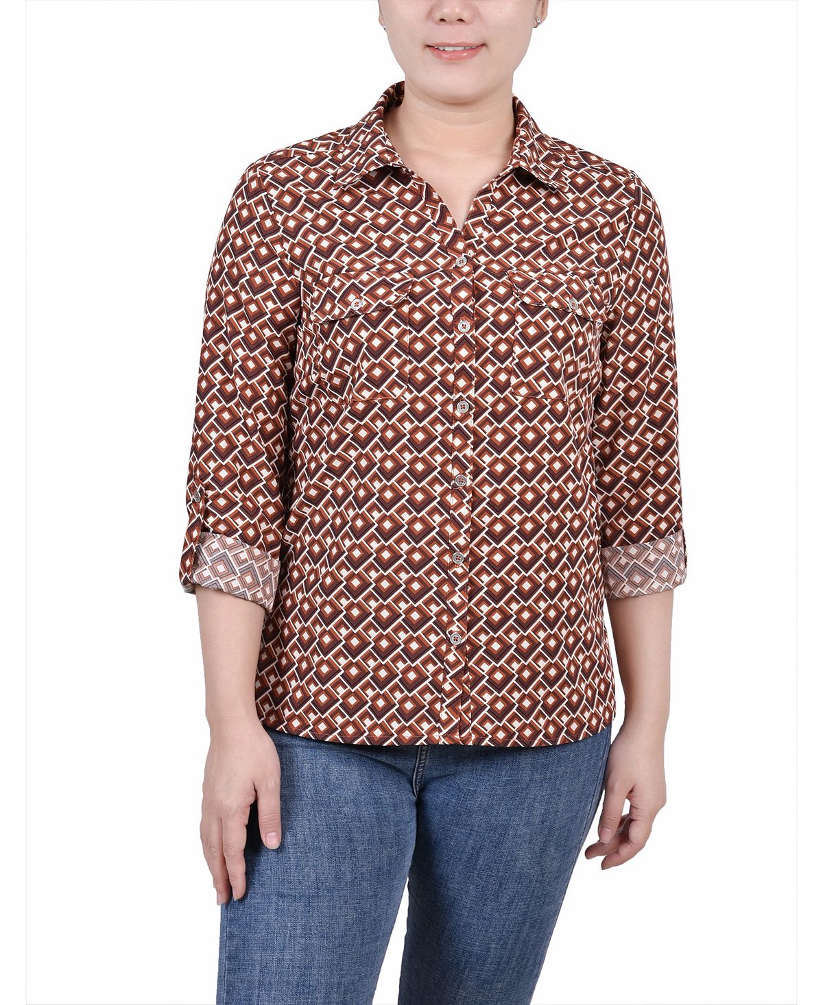 Женская рубашка с отворотом 3/4 и карманами NY Collection, мульти