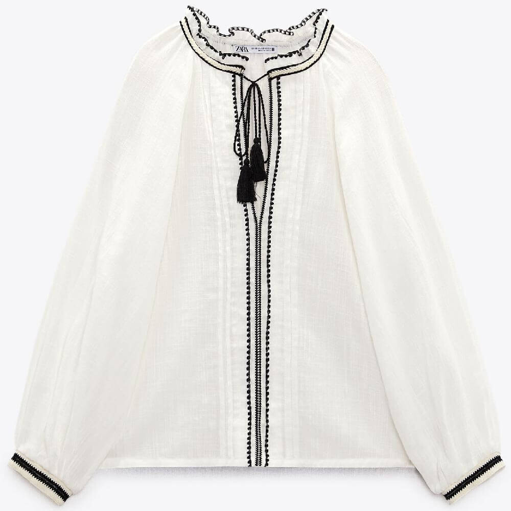 Блузка Zara Embroidered Tucks, светло-бежевый/черный