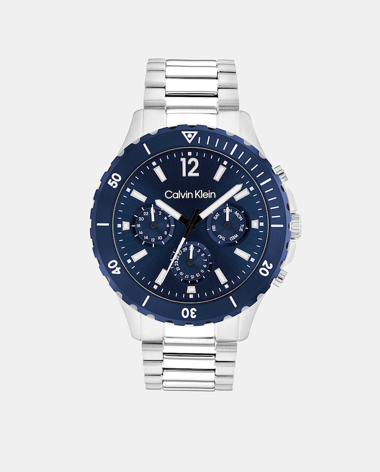 Спортивные 25200115 многофункциональные стальные мужские часы Calvin Klein, серебро браслет с белым и синим агатом