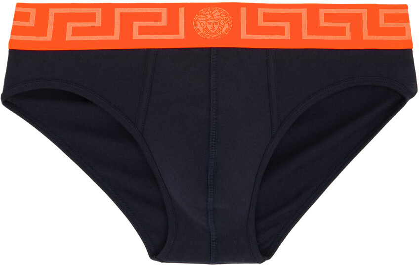 

Темно-синие и оранжевые трусы с каймой Greca Versace Underwear