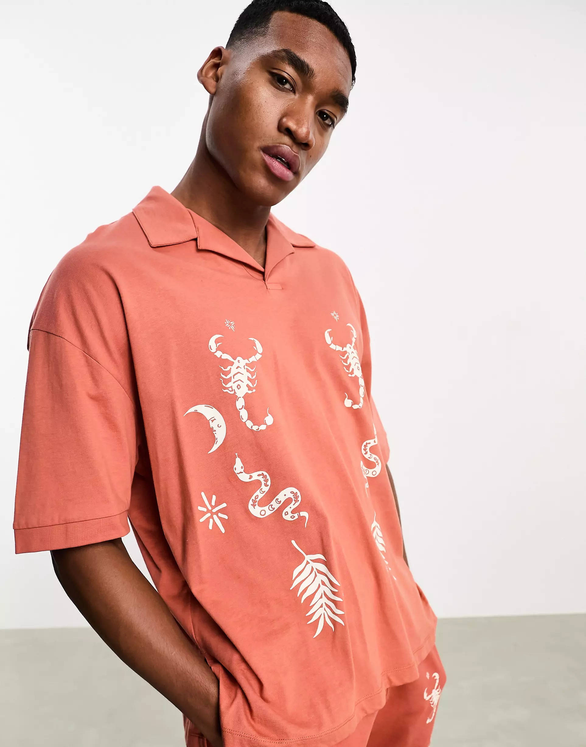 Рубашка-поло Asos Design Co-ord Oversized Revere, коричневый