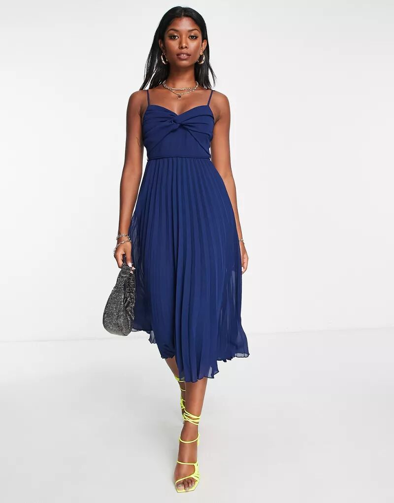 цена Темно-синее плиссированное платье миди с декоративным витым передом и поясом ASOS