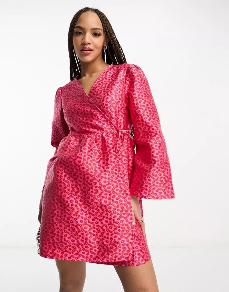 Розовое и красное мини-платье с запахом и рукавами-кимоно Pieces Premium