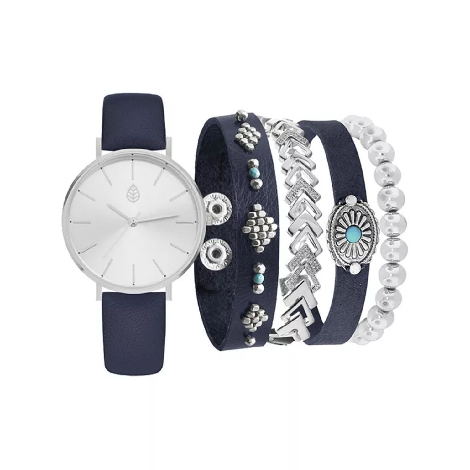 цена Женские часы с темно-синим ремешком и комплект браслетов темно-синих и серебряных тонов Jessica Carlyle