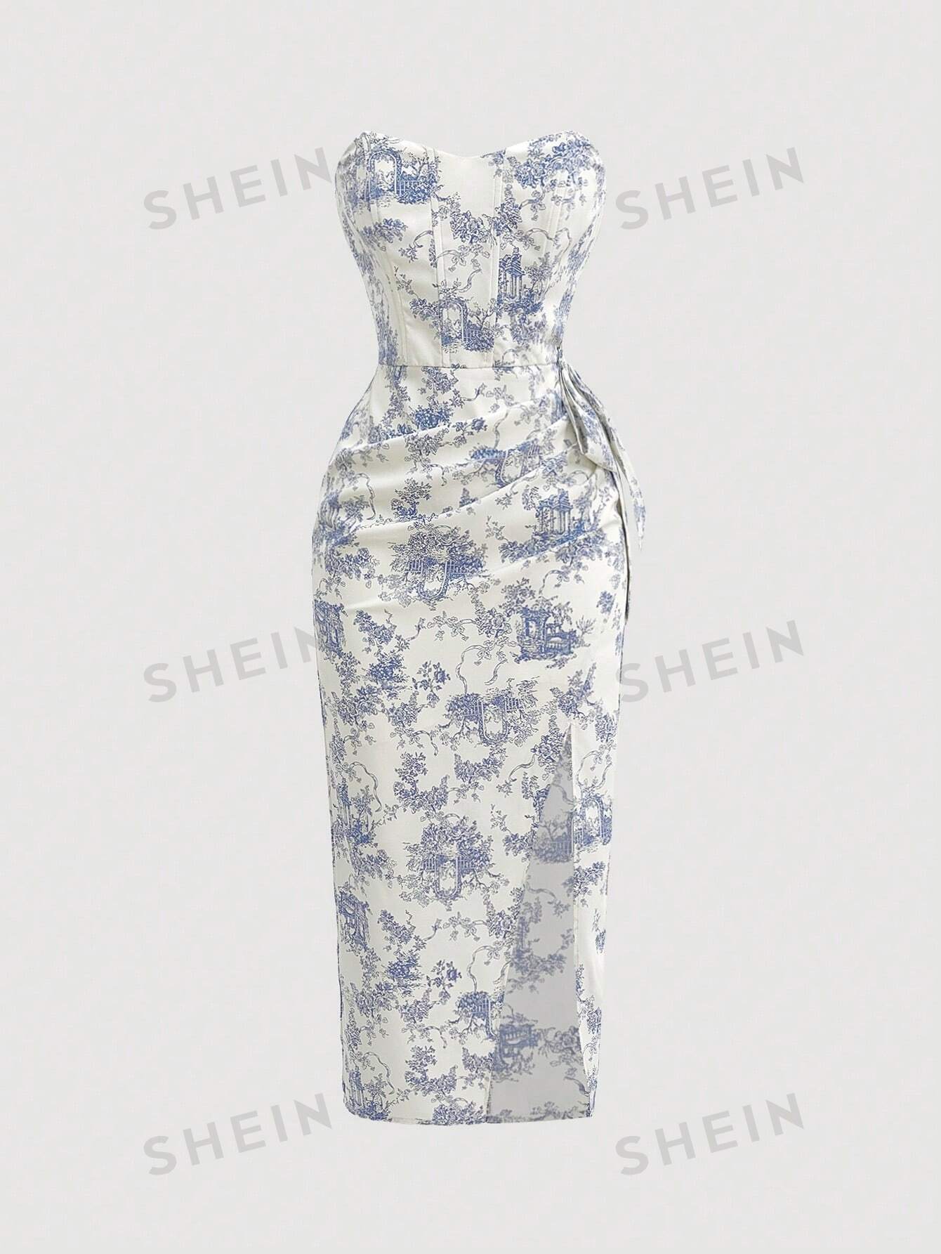 SHEIN MOD Женское винтажное сине-белое облегающее платье без бретелек с фарфоровым принтом, синий и белый платье vassa