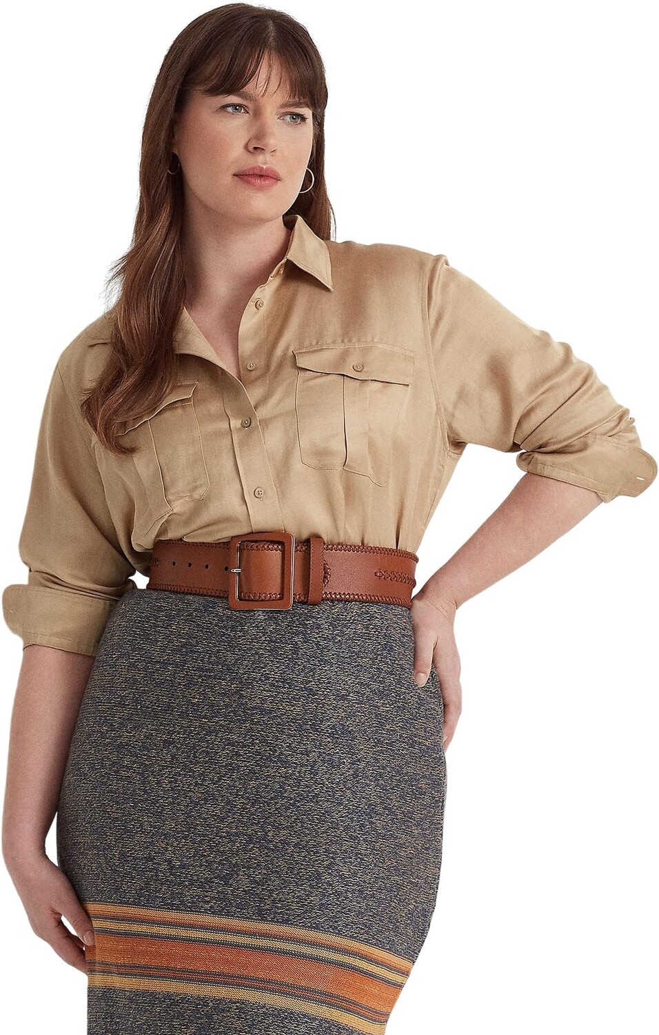 

Атласная рубашка из шантунга больших размеров LAUREN Ralph Lauren, цвет Birch Tan