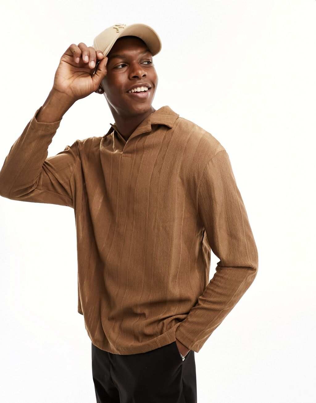 

Коричневая свободная рубашка-поло Revere с длинными рукавами ASOS DESIGN