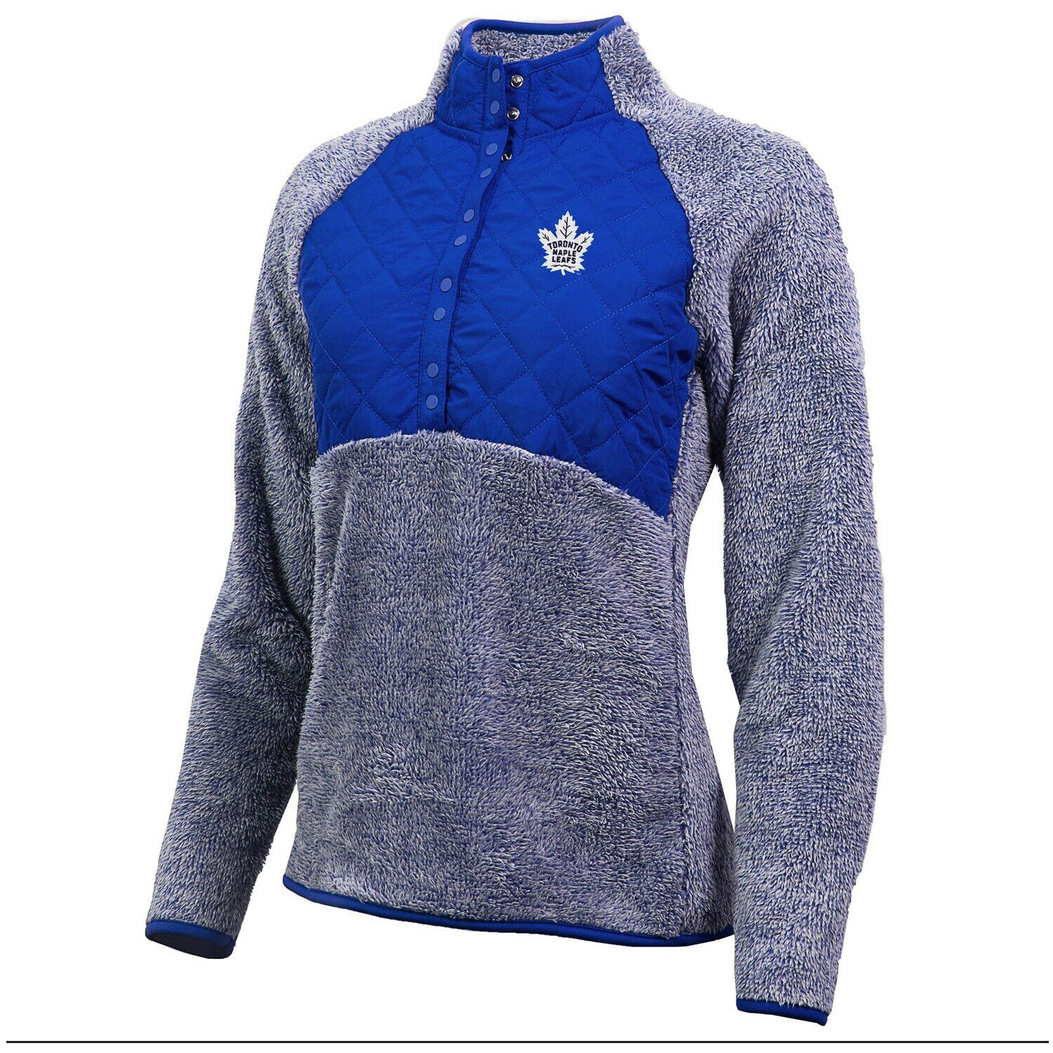 

Женский пуловер из шерпа с застежкой на четверть кнопки Antigua Blue/Heathered Grey Toronto Maple Leafs Antigua