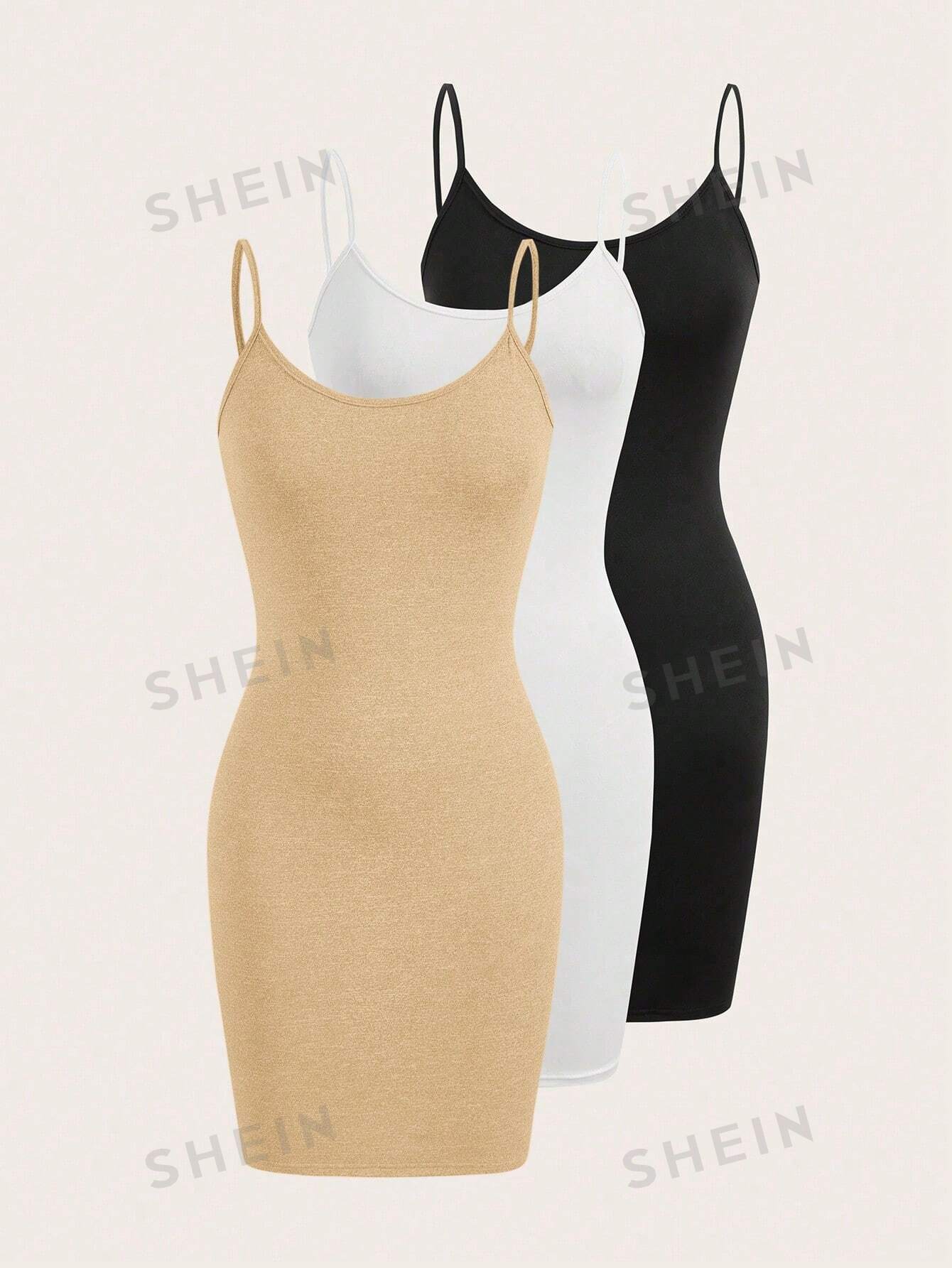 SHEIN Essnce Однотонное облегающее платье без рукавов с круглым вырезом и бретелями, хаки цена и фото