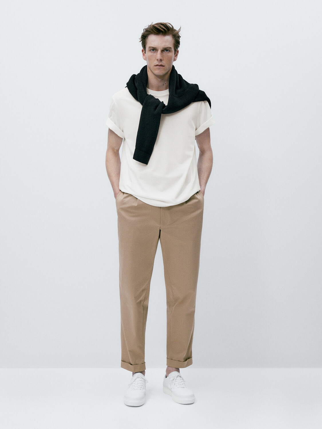 

Футболка из хлопкового текстурирования Massimo Dutti, кремовый
