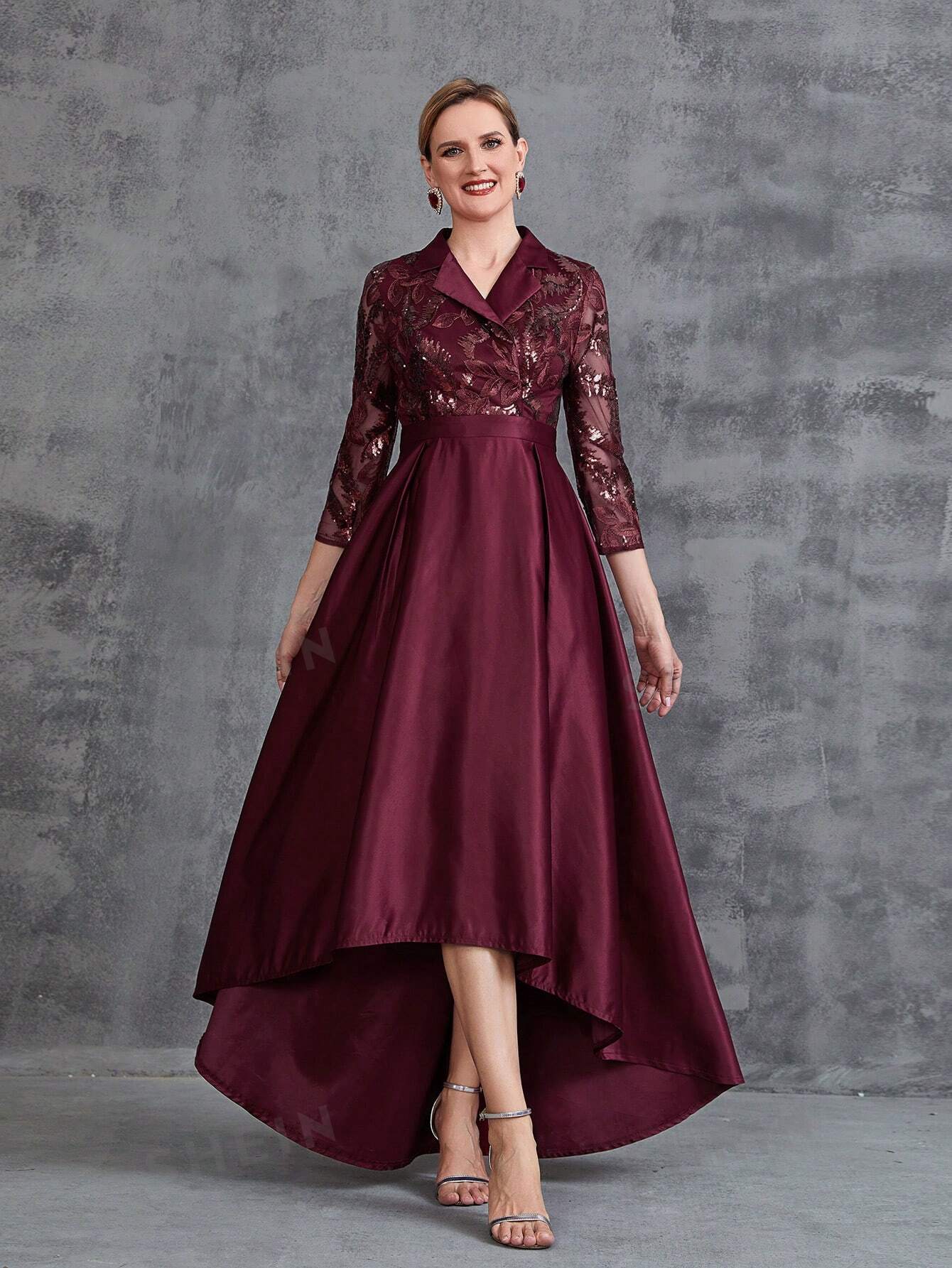 Женское вечернее платье с плоским воротником и высоким низким подолом, бургундия