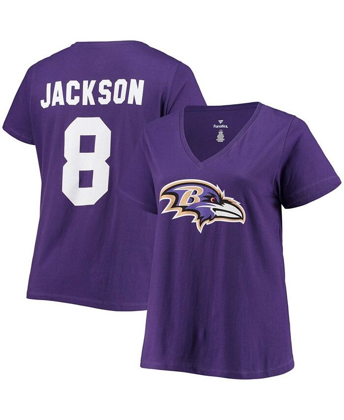 

Женская футболка больших размеров Lamar Jackson Purple Baltimore Ravens с v-образным вырезом и именем и номером Fanatics, фиолетовый