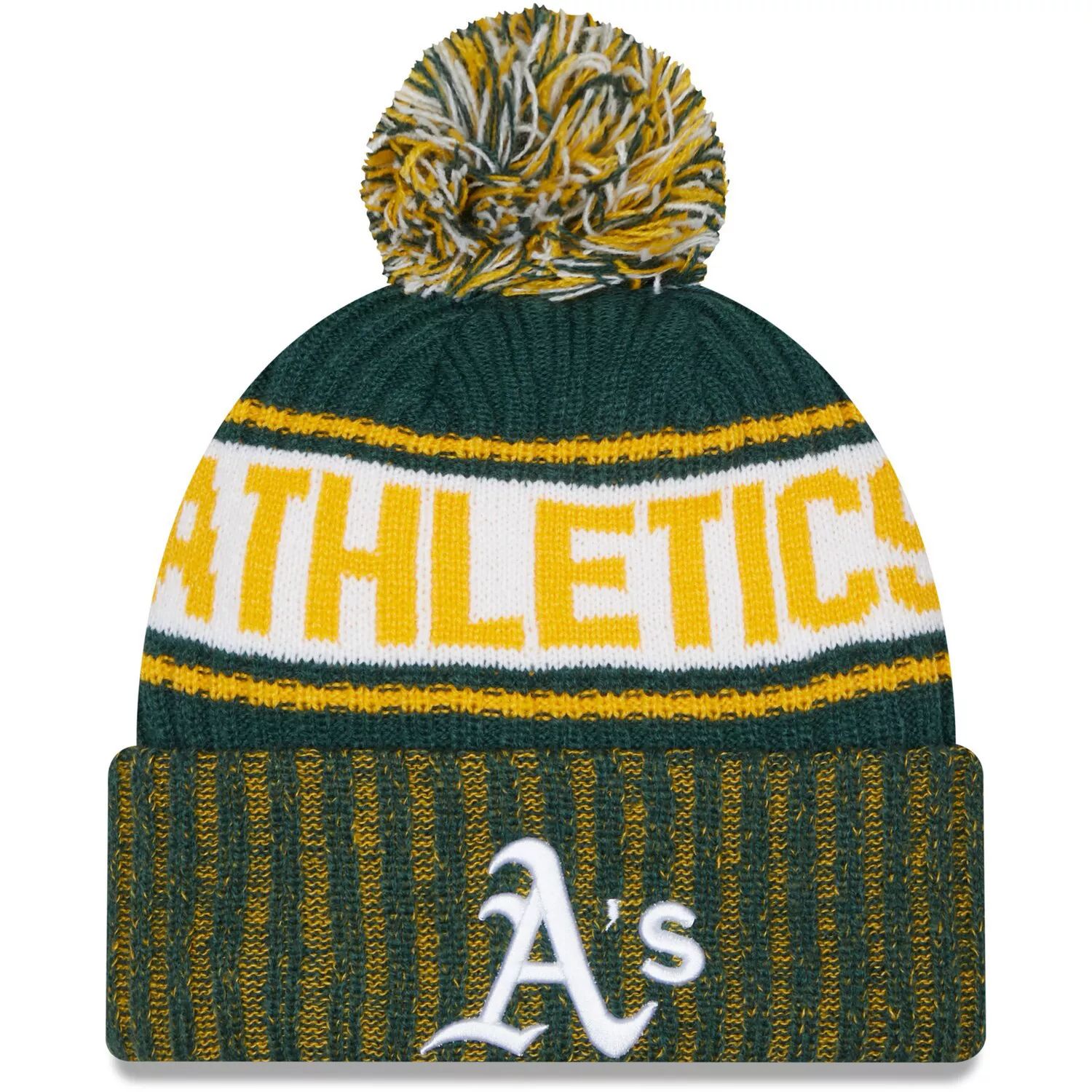 Мужская зеленая вязаная шапка New Era Oakland Athletics с манжетами и помпоном