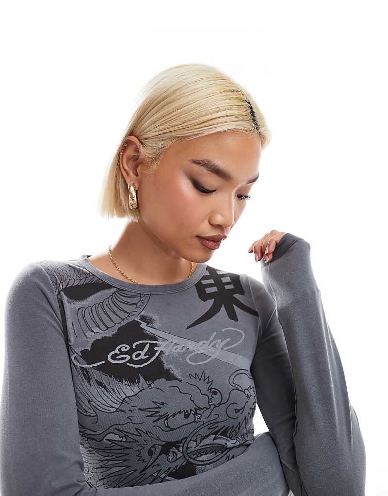 

Серая приталенная футболка с длинными рукавами и рисунком дракона Ed Hardy