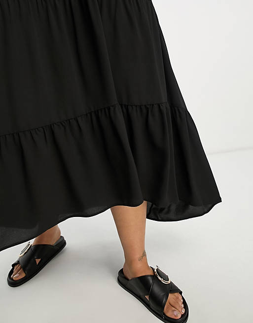 Черное ярусное платье макси с высоким низким подолом ASOS DESIGN Curve