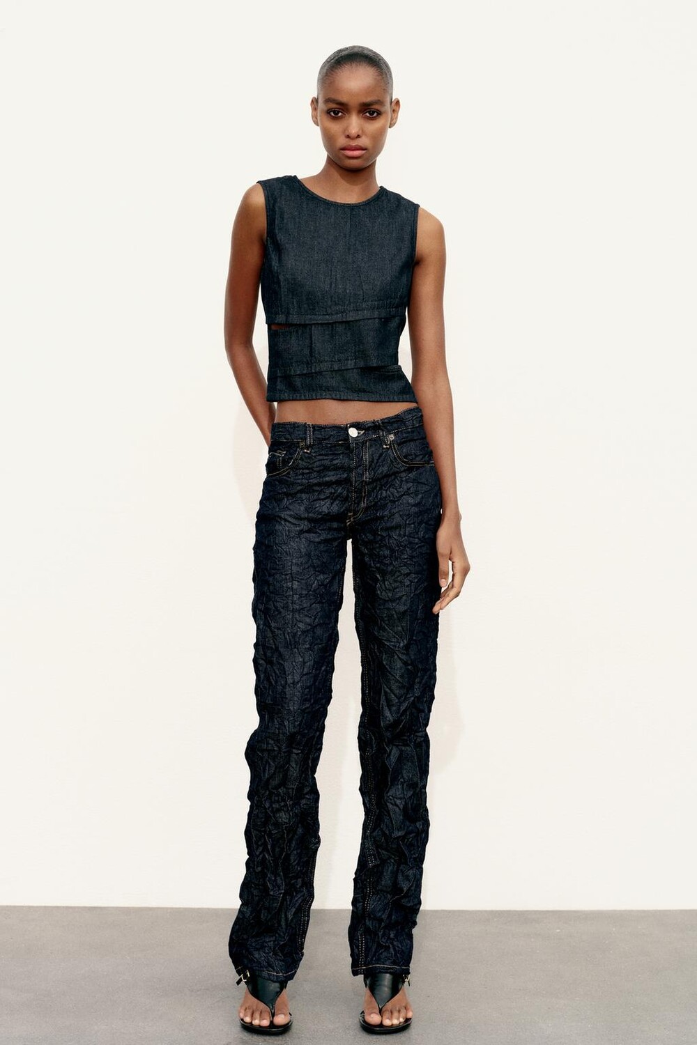 

Топ trf из денима с вырезами ZARA, темный индиго