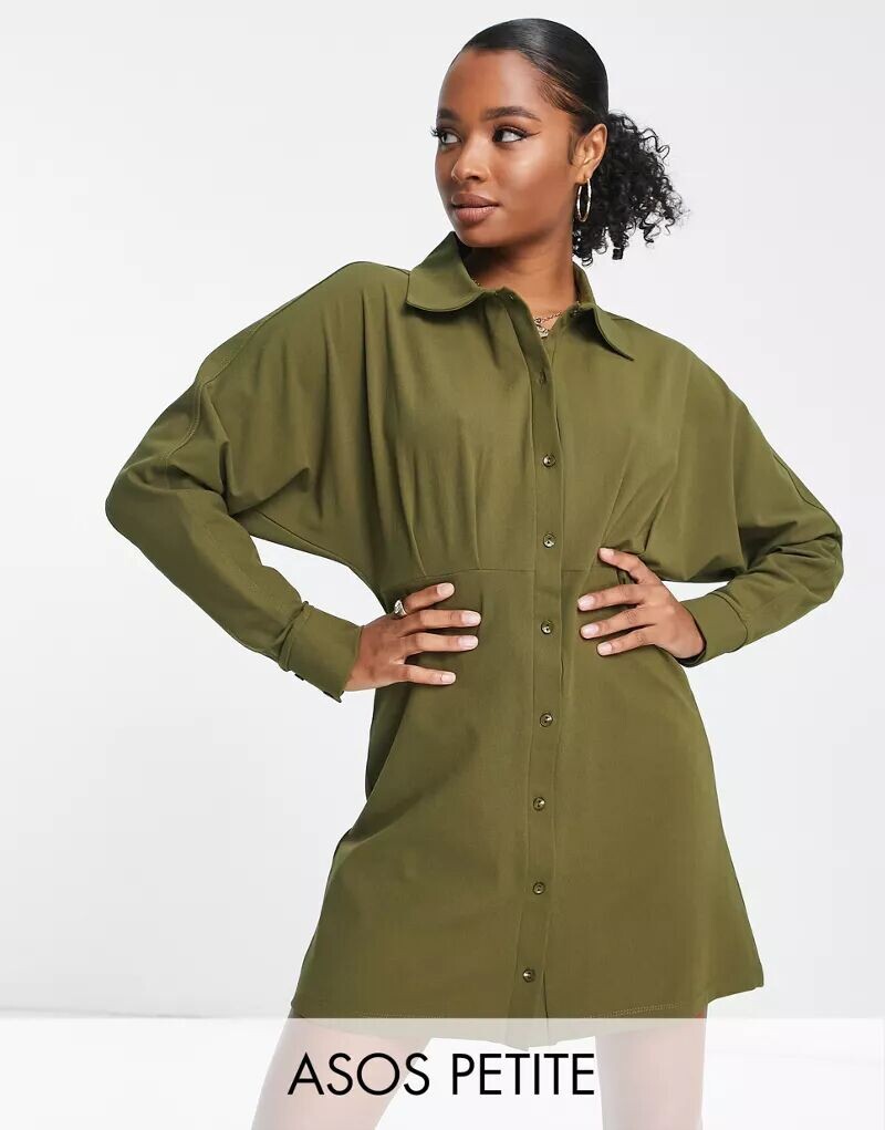 

Платье-рубашка цвета хаки с длинными рукавами и рюшами ASOS DESIGN Petite