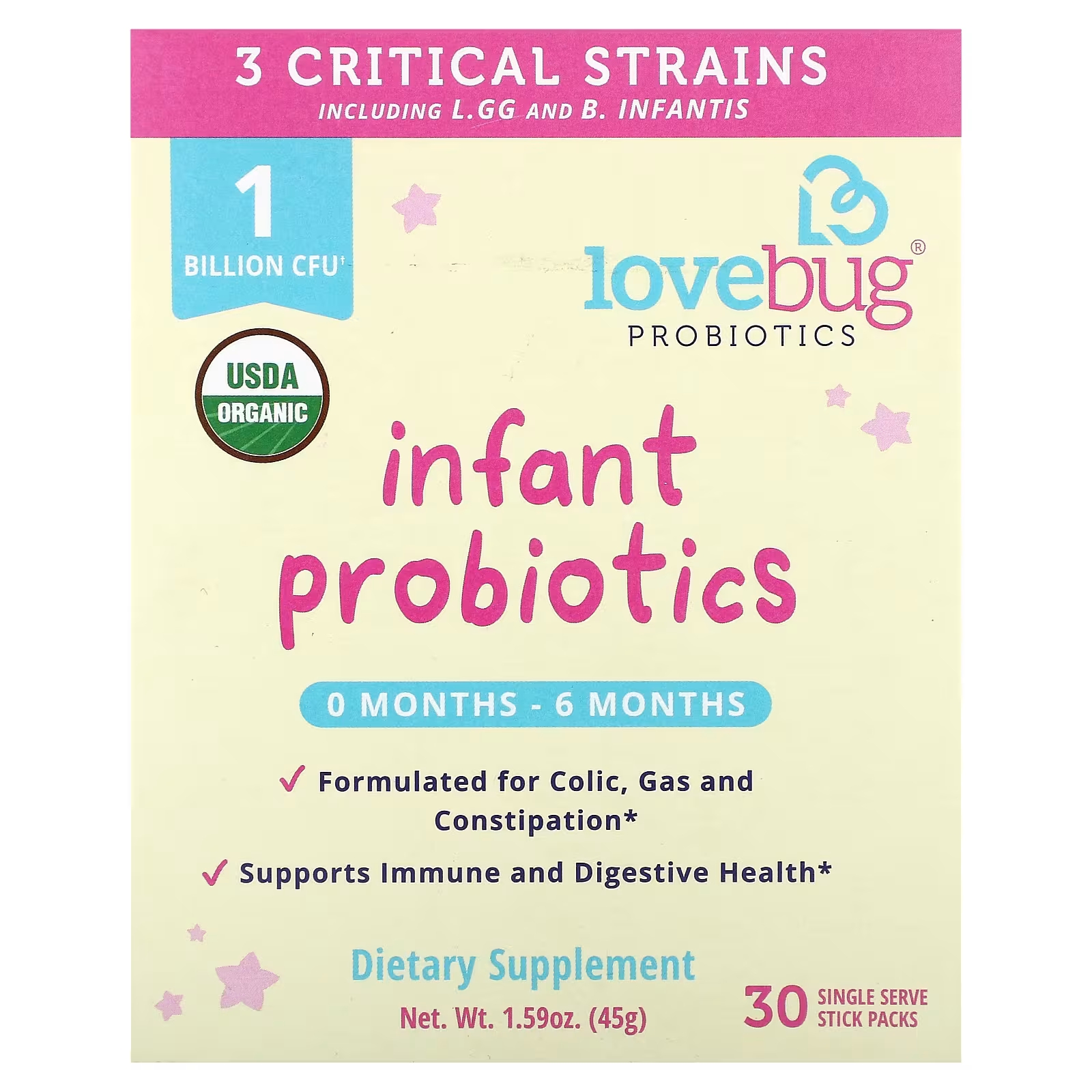 Пробиотики LoveBug Probiotics для младенцев 0–6 месяцев, 30 порционных пакетиков culturelle чистые пробиотики для детей 30 порционных пакетиков