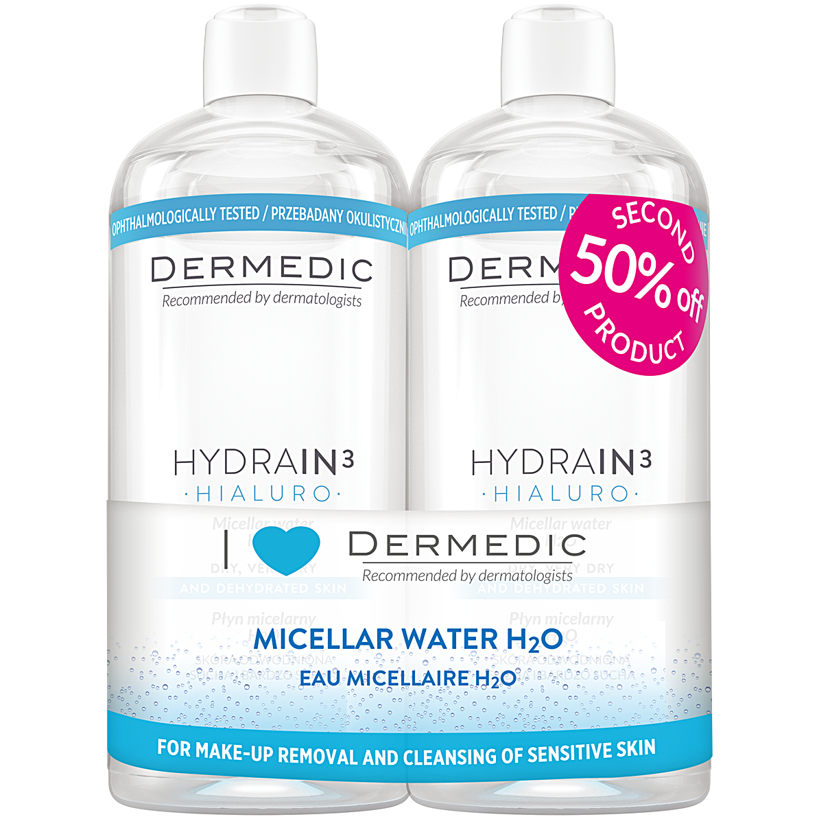 Мицеллярная жидкость h2o Dermedic Hydrain3 Hyaluro, 2х500 мл dermedic мицеллярная вода h2o 500 мл х2 шт dermedic hydrain3