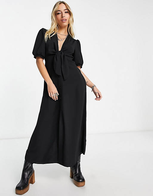 

Черное платье миди с завязкой спереди на пуговицах ASOS DESIGN